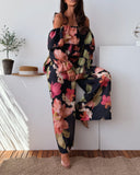 2 Pieces Outfit Floral Print Elastic Off Shoulder Ruffle Cuffs Top and Casual Elastic Back Waist Wide Leg Pants Set