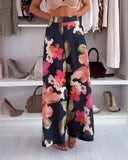 2 Pieces Outfit Floral Print Elastic Off Shoulder Ruffle Cuffs Top and Casual Elastic Back Waist Wide Leg Pants Set