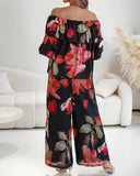 2 Pieces Outfit Floral Print Elastic Off Shoulder Ruffle Cuffs Top and Casual Elastic Back Waist Wide Leg Pants Set