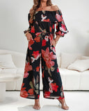 2 Pieces Outfit Floral Print Elastic Off Shoulder Ruffle Cuffs Top and Casual Elastic Back Waist Wide Leg Pants Set