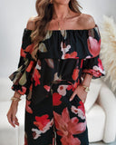 2 Pieces Outfit Floral Print Elastic Off Shoulder Ruffle Cuffs Top and Casual Elastic Back Waist Wide Leg Pants Set