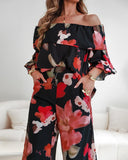2 Pieces Outfit Floral Print Elastic Off Shoulder Ruffle Cuffs Top and Casual Elastic Back Waist Wide Leg Pants Set