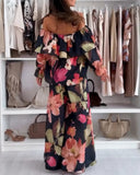 2 Pieces Outfit Floral Print Elastic Off Shoulder Ruffle Cuffs Top and Casual Elastic Back Waist Wide Leg Pants Set