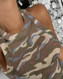 Waffle Knit Camouflage Print Round Neck Sleeveless Tank Slim Fit Casual Top
