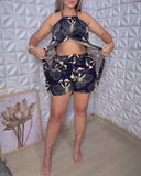 2 Pieces Outfit Floral Print Halter Slit Tank and Casual Drawstring High Waist Pocket Design Shorts Set