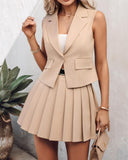 Women's Solid Color Suit Vest With Matching Pleated Skirt Set Office & Party Wear Set