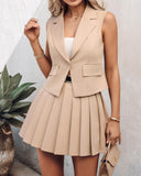 Women's Solid Color Suit Vest With Matching Pleated Skirt Set Office & Party Wear Set