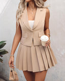 Women's Solid Color Suit Vest With Matching Pleated Skirt Set Office & Party Wear Set