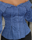 Buttoned Lantern Sleeve Off Shoulder Top