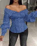 Buttoned Lantern Sleeve Off Shoulder Top