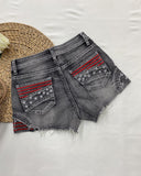 Star Embroidery Raw Hem Denim Shorts