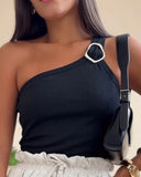 One Shoulder Goldren Decor Casual Slim Fit Ribbed Top