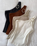 One Shoulder Goldren Decor Casual Slim Fit Ribbed Top