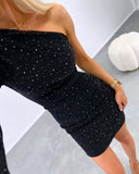 One Shoulder Long Sleeve Bodycon Dress Rhinestone Slim Fit Party Dress