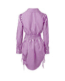 Striped Button Down Shirt Dress Back Shirred Long Sleeve Side Drawstring Mini Dresses