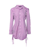 Striped Turn down Collar Long Sleeve Dress Button Drwastring  Shirred Dress