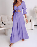 Square Neck Long Sleeve Drawstring  Shirred Jumpsuit