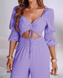 Square Neck Long Sleeve Drawstring  Shirred Jumpsuit