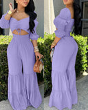 Square Neck Long Sleeve Drawstring  Shirred Jumpsuit