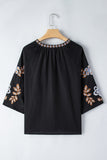 Black Bohemian Floral Embroidered V Neck Blouse