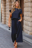 Navy Blue Solid Color Textured Short Sleeve Top and Casual Pants Set
