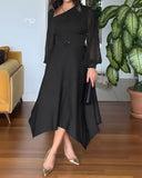 One Shoulder Long Sleeve Casual Beaded Mid Cald Dress