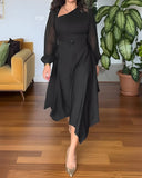 One Shoulder Long Sleeve Casual Beaded Mid Cald Dress