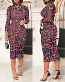 2 Piece Leopard Print Mock Neck Long Sleeve Mid Calf Dress Sheer Mesh Party Dress with Short Pants