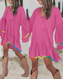 Colorblock V Neck Bell Sleeve A Line Tassel Mini Dress Vacation Dress