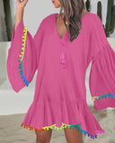 Colorblock V Neck Bell Sleeve A Line Tassel Mini Dress Vacation Dress