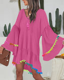 Colorblock V Neck Bell Sleeve A Line Tassel Mini Dress Vacation Dress