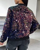 Allover Sequin Baseball Collar Jacket Zip Up Casual Coat