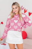 Pink Pearled Heart Print Valentines Crew Neck Sweater