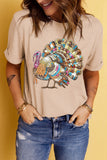 Khaki Heat Transfer Printing Thanksgiving Turkey Print Round Neck T Shirt