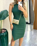 Sleeveless Side Slit Knit Bodycon Dress Slim Fit Sweater Dress