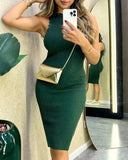 Sleeveless Asymmetrical Hem Side Slit Knit Bodycon Dress