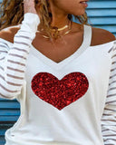 Striped Heart Print Cold Shoulder Mesh Long Sleeve Top