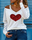 Striped Heart Print Cold Shoulder Mesh Long Sleeve Top