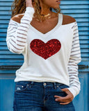 Striped Heart Print Cold Shoulder Mesh Long Sleeve Top