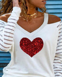 Striped Heart Print Cold Shoulder Mesh Long Sleeve Top