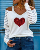 Striped Heart Print Cold Shoulder Mesh Long Sleeve Top