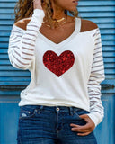 Striped Heart Print Cold Shoulder Mesh Long Sleeve Top