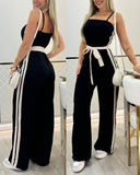 Striped Sleeveless Tied Detail Jumpsuits Spaghetti Strap Casual Wide Leg Rompers