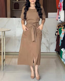 2 Pieces Outfit Round Neck Short Sleeve Top and High Waist Slit Skirt Set With Pockets