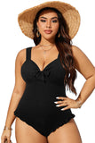 Black Plus Size Textured Knotted Ruffled Trim One Piece Swimwear