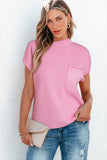 Pink Patch Pocket Ribbed Knit Short Sleeve Sweater