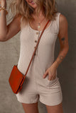 Parchment Corded Knit Side Pockets Buttoned Sleeveless Romper