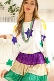 White Mardi Gras Star Printed Long Sleeve Top