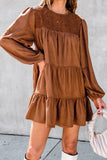 Chestnut Floral Lace Crochet Tiered Ruffled Mini Dress