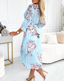 Floral Print V Neck Three Quarters Sleeve Midi Dress Casual A Line Pleated Dress with Belt